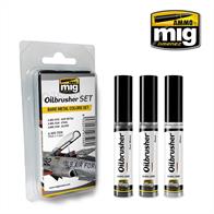 This unique range of Oilbrusher colors for painting and weathering offers the convenience and accuracy that you expect from AMMO by Mig Jimenez. This set contains three tones that will allow you to get the most realistic exposed and bare metal effects on your models, making the choice of colors simple.This set includes:A.MIG-3535 Gun MetalA.MIG-3536 SteelA.MIG-3538 Silver
