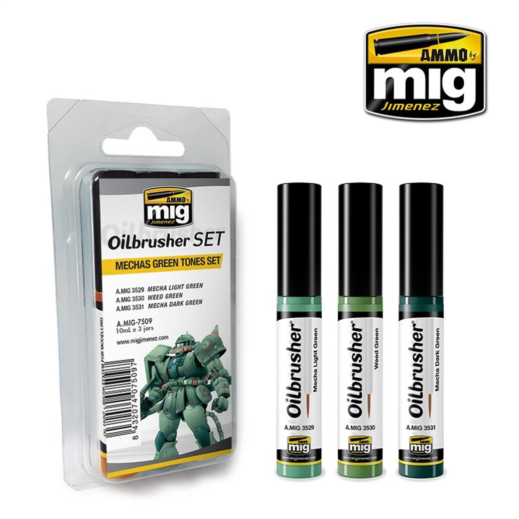 Ammo of Mig Jimenez  A.MIG-7509 Mechas Green Tones Oilbrusher Set 3 x 10ml Jars