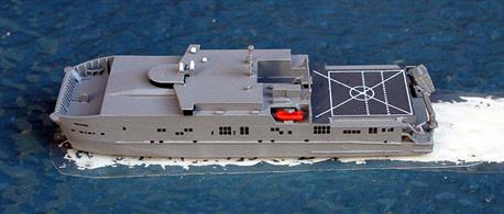 A 1/1250 scale metal model of USNS Spearhead-class T-EPF by Rhenania Junior Miniaturen RJ113A. Waterslide transfers are provided to number all vessels from T-EPF2 to T-EPF9. The EPF designation is for "Expeditionary Fast Transport" and all ships are manned by the USN Service.