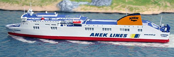 A 1/1250 scale model of Asterion, an ANEK ferry by Rhenania Junior Miniaturen RJ260Ast. This waterline ship model is fully assembled and painted, see photograph.