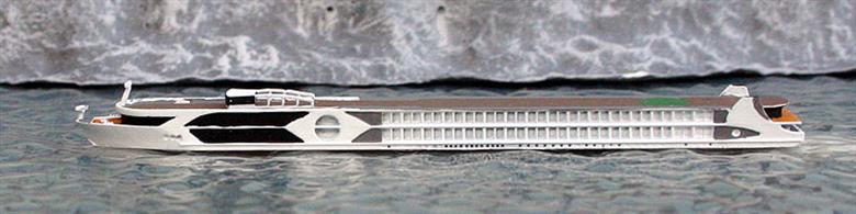 A 1/1250 scale model of Swiss Tiara a hotel boat for river cruising across Europe by Rhenania Junior RJB31.