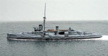 An upgraded 1/1250 scale metal Navis "N" model (106N) of HMS Colossus on her first commission complete with anti-torpedo nets. This metal model is fully assembled and painted in overall medium grey.