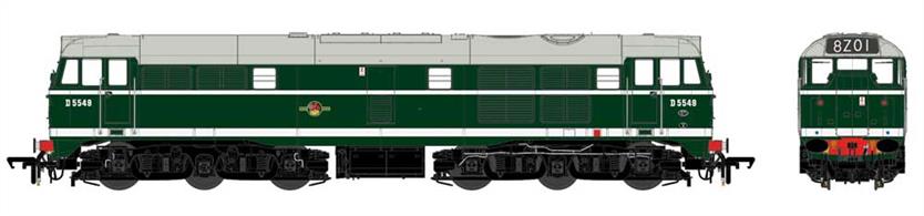New and highly detailed model of the Brush type 2 diesel locomotives with a full range of detailing options to model the original Mirrlees engined class 30 and EE engined class 31 locomotives. The detail variations include differing grilles, fan cowls, buffer cowls, disc or box headcode, end doors or sealed end doors and central or offset headlight positions.Model of D5549, one of the production build Mirrlees engined class 30 locomotives with cab roof headcode box finished in BR locomotive plain green livery.