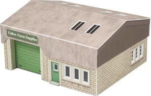 A modern multi-use industrial building that offers a wide range of uses, including a large selection of alternative signs.Card kits are easy to modify to create unique buildings and to fit into available spaces, butted up to backscense or in corners.Industrial unit footprint 78mm x 68mm