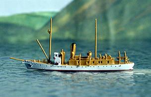 A 1/1250 scale metal model of SMS Planet in 1906 by Spidernavy SN 0-24 in tropical paint scheme.This ship was sent to East Asia shortly after completion so the white and buff livery applied to this ship for most of her life. By the start of 1914, most ships in East Asia were ordered to re-paint into standard light grey and a version of this is also available from Antics SN 0-24a.