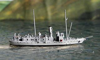 A 1/1250 scale metal model of SMS Planet in 1914 in East Asia by Spidernavy SN 0-24a. At this time the survey ship had been re-painted into light grey (for a version in East Asia livery see SN 0-24). When war was declared in September, she was in the North Pacific Islands and she was scuttled to avoid capture by the Japanese Navy.