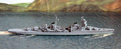 A 1/1250 scale metal model of Kuybyshev by Spidernavy SN 3-21. This model of a Chapaev-class cruiser represents the ship after re-fit and the fitting of a different air-defence radar to that on SN 3-07.