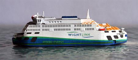 A 1/1250 scale metal model of Victoria of Wight, a new hybrid energie ferry for Wightlink by Rhenania Junior RJ330.
