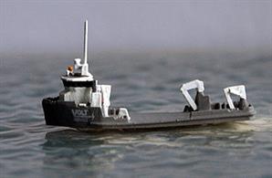A 1/1250 scale model of the salmon de-lousing support ship Volt Processor in 2018 by Rhenania Junior RJ325. This ship is optimised to help de-louse fish-farmed salmon at Norwegian fish farms.