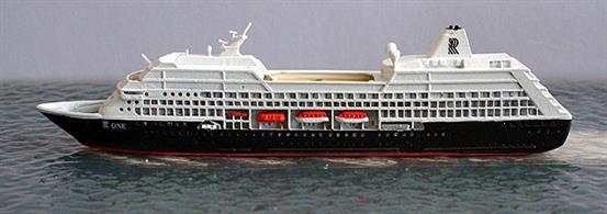 A 1/1250 scale model of R-One from 1998-2001 by CM Miniaturen CM-KR595.R-One was the first of eight Renaissance Cruises R-class ships to be built and enter service. Unfortunately, in 2001, the company went into liquidation and the ships were laid up, chartered to other companies many of whom bought the ships for further service. CM Miniaturen have now made Tahitian Princess (ex- R-Four) and Adonia (ex-R-Eight). R-One is currently called Insignia for Oceania Cruises after a short spell for HAPAG as Columbus 2 from 2012-14.