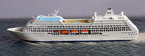 A 1/1250 scale model of Tahitian Princess by CM Miniaturen CM-KR590.Built as R-Four for Renaissance Cruises, she was bought as Tahitian Princess by Princess Cruises. In 2009 she was re-named Ocean Princess and sold to Oceania Cruises as Sirena in 2014. See also Adonia and R-One for other former R-class ship models.