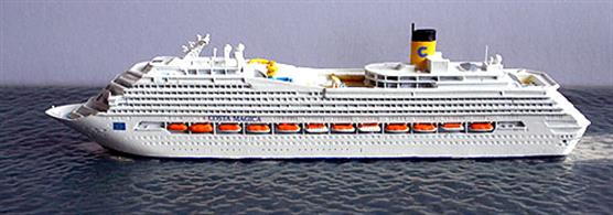 A 1/1250 scale model of Costa Magica from 2004 by CM Miniaturen CM-KR449.Costa Magica is sister-ship to Costa Fortuna built by Fincantieri on a platform equivalent to Carnival Cruises Destiny-class ships.