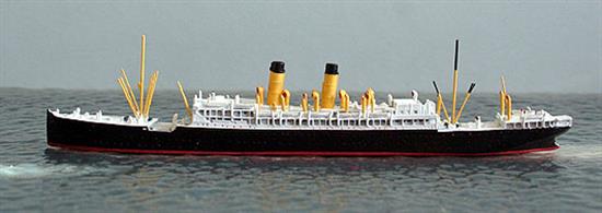 A 1/1250 scale model of Empress of India in 1922 by CM-Miniaturen CM166.Empress of India had been built for NDL in Germany as SS Friedrich Wilhelm. She was largely designed for steerage passengers with only a few cabins for first and second class passengers. In 1914 she was interned in Norway and surrendered to the British in 1919. After a couple of re-patriation voyages as USS Friedrich Wilhelm, she was sold to Canadian Pacific for whom she sailed as Empress of India, Montlaurier and, finally, Montnairn until scrapped in 1929.