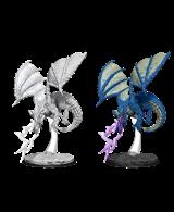 One unpainted small/young blue dragon wargaming figure.