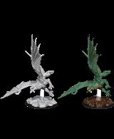 One unpainted small / young green dragon wargaming figure.