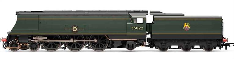 Detailed model of Bulleid Merchant Navy class locomotive 35022 Holland America Line in British Railways lined green livery with early lion over wheel emblem.Era 4. Early British Railways 1948-1956.