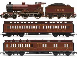 The Midland Compound train pack contains a model of Midland Railway class 4P compound locomotive 1009 along with two clerestory passenger coaches all finished in the Midland Railways crimson lake livery