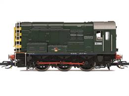Nicely detailed model of one of the true survivors of the BR class 08s, D3986 modelled in early life.Completed at Derby in August 1960 in this BR green livery with later lion holding wheel crests and wasp-striped ends D3686 was sent to the Western region, initially at Tyseley (Birmingham), but quickly moving south to Gloucester until mid-1963. The locomotive then moved to South Wales, allocated to Llanelli, Danygraig and finally Landore (Swansea) from April 1964. Renumbered 08818 in 1974 the locomotive was withdrawn from service in April 1997. However, unlike many hundreds of 08s sent for scrap 08818 had reached the privatisation era and was purchased by the Harry Needle Railroad Company and is still in service, now as GB Railfreight 4 Molly, also modelled in the Hornby TT120 range, reference TT3003.