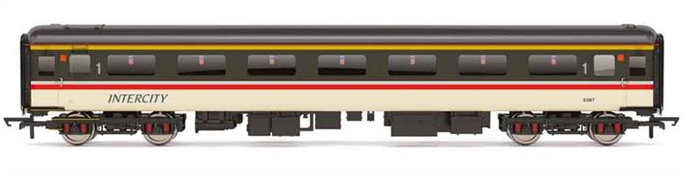 Detailed model of the BR Mk.2F fully air conditioned coaches built in the early 1970s for InterCity and Anglo-Scottish services on the West Coast mainline.Model finished in InterCity Executive livery.Era 8 1982-1997