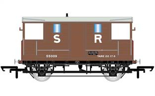 New model of the London &amp; South Western Railway 'New Van' goods train brake van design introduced circa 1915.Model finished in Southern Railway brown goods wagon livery with Venetian red ends.Era 3 1923-1948