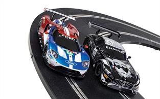 Scalextric C1403 ARC Air World GT Set. This set contains a Ford GT GTE and a Mercedes AMG GT3 race cars.Race from your smart phone with Scalextric ARC.A revolutionary slot car system that allows users to wirelessly create and manage races with a handheld smart device, such as a smartphone or tablet. Download the ARC app, then connect your device via Bluetooth to the new ARC powerbase, unlocking unique features and control of your races.Personalise your race by selecting features such as race type, driver names and number of laps. Customise and save your race settings and car setup before you head out on the track to test your skills and challenge your opponent.