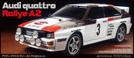 The Audi Quattro A2 is an iconic Rally Race Car that made its mark in the 1980’s. Tamiya’s 1/10 scale radio control replica brings rally racing fun to hobbyists on the adaptable and easy-driving TT-02 chassis.  