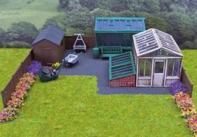 Everything you need for a garden scene is here (almost), the pack includes kits for a greenhouse, conservatory, garden shed, cold frames, water butt, wheelbarrow, lawnmower, lawn roller and larch-lap fencing.This kit comprises mostly of plastic injection moulded parts plus a laser cut wooden sprue containing the lawnmower and roller.