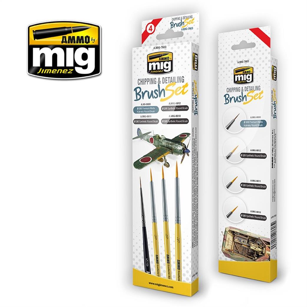 Ammo of Mig Jimenez  MIG-7603 Chipping & Detailing Brush Set Pack of 4 Paint Brushes