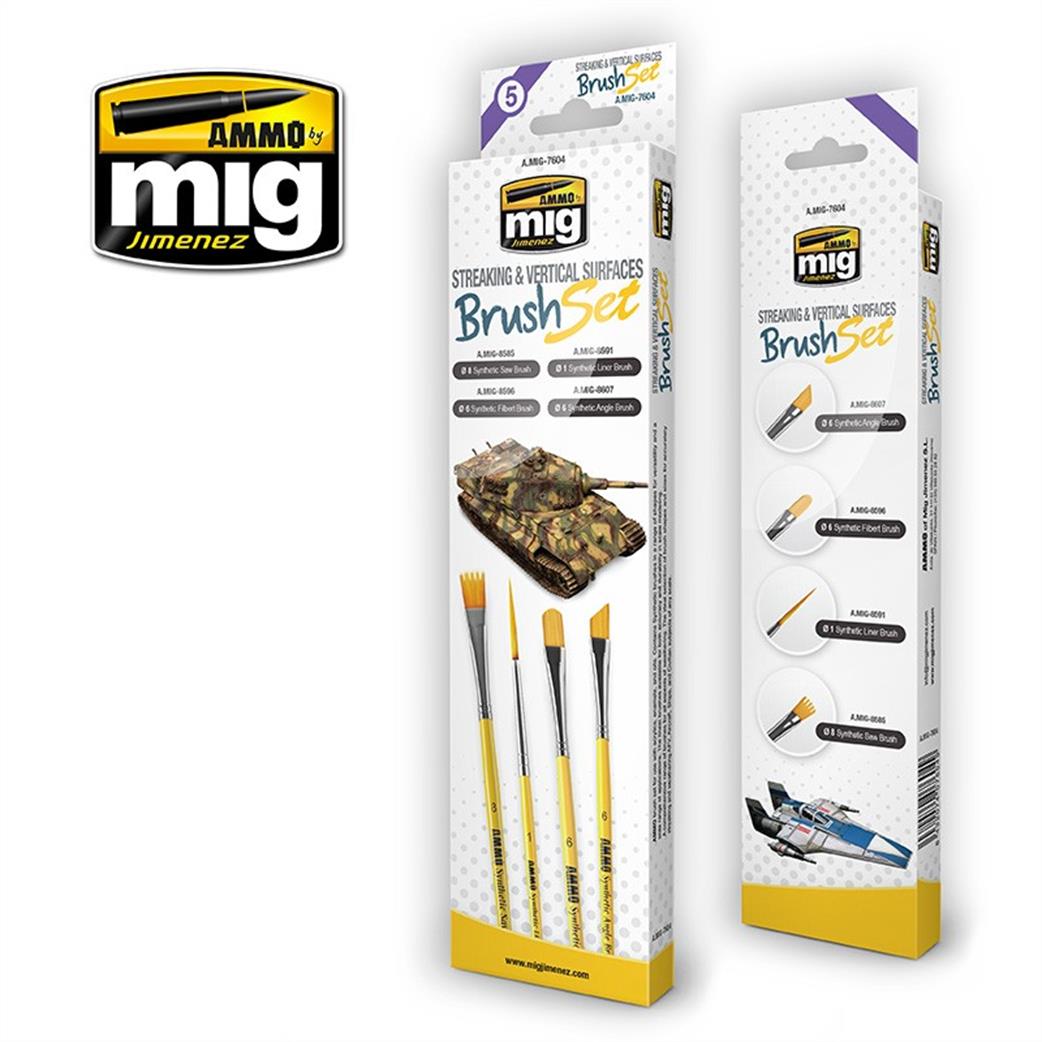 Ammo of Mig Jimenez  MIG-7604 Streaking & Vertical Surfaces Brush Set Pack of 4 Paint Brushes