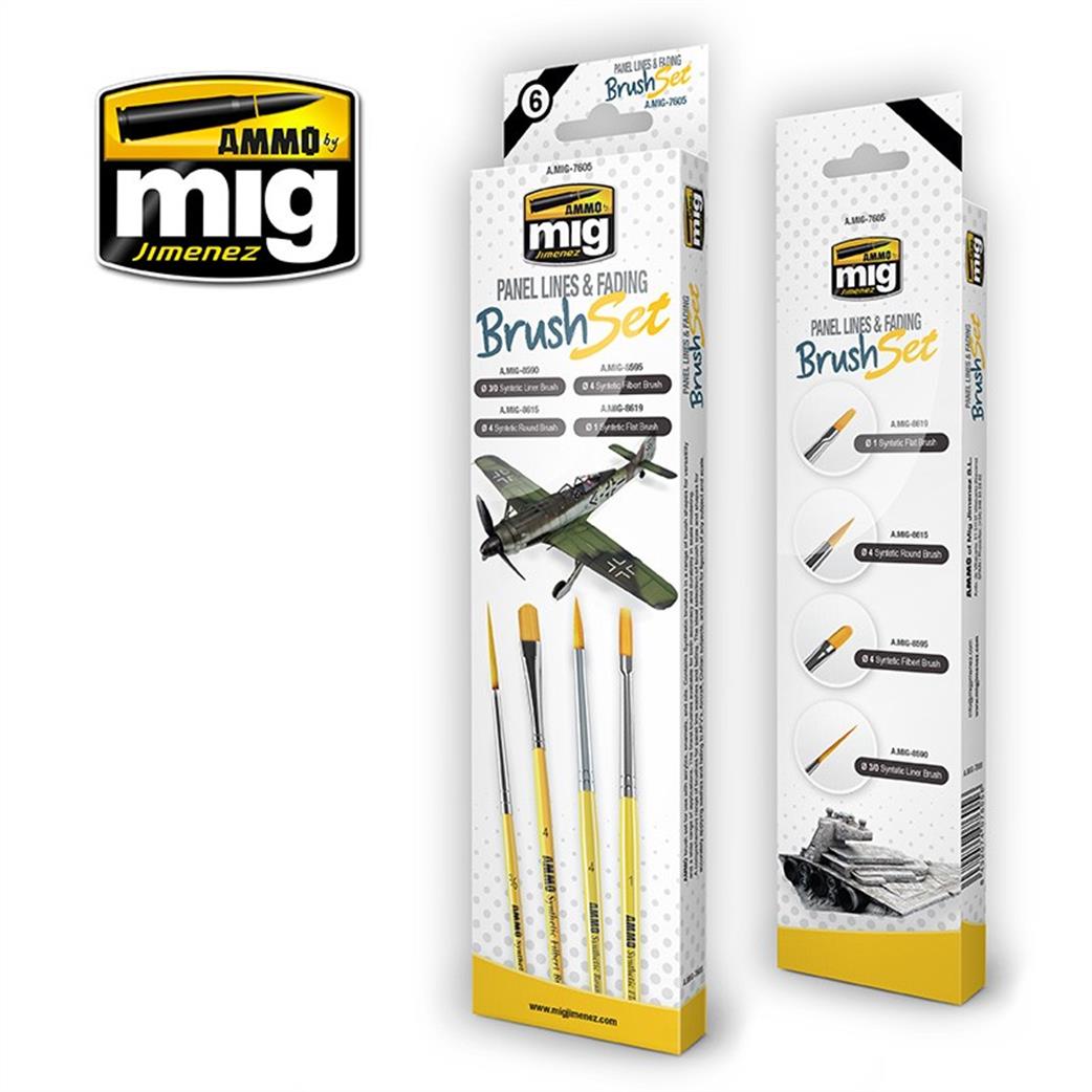 Ammo of Mig Jimenez  MIG-7605 Panel Lines & Fading Brush Set Pack of 4 Paint Brushes