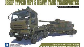 Aoshima plastic model kit of a JGSDF type 73 articulated heavy tank transporter truck and semi-trailer combination with JGSDF type 10 main battle tank as a load.