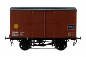 Model of the second type of British Railways insulated banana van featuring the LMS style body with plug type doors mounted on a standard British Railways 10ft wheelbase chassis. Initially steam heated the yellow spots were applied when additional insulation was fitted, it being found that the extra insulation was capable of maintaining a steady internal temperature throughout the journey.