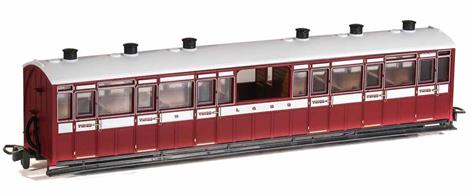 The Lynton and Barnstaple Railways coaches were large and well appointed vehicles built by the Bristol Carriage and Wagon company. In consideration of the scenery along the line many coaches had observation saloons, four third class coaches having an unglazed central observation saloon compartment producing a coach characteristic to the L&amp;B. This model is painted in the original Lynton and Barnstaple Railway livery.Length 167mm over couplings