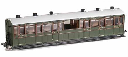The Lynton and Barnstaple Railways coaches were large and well appointed vehicles built by the Bristol Carriage and Wagon company. In consideration of the scenery along the line many coaches had observation saloons, four third class coaches having an unglazed central observation saloon compartment producing a coach characteristic to the L&amp;B. This model is painted in Southern Railway green livery.Length 167mm over couplings