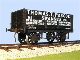 A detailed model kit of a 6 plank open mineral wagon with side and end doors built by the Gloucester Railway Carriage and Wagon Company wagon to the RCH 1887 design with pre-printed sides lettered for Thomas T Pascoe of Swansea.Supplied with metal wheels, 3 link couplings and sprung buffers
