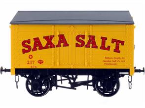 A new detailed model of a 9 plank sided covered salt van with peaked wood roof based on RCH 1887 design specifications finished in the well-known bright yellow livery of Saxa Salt.