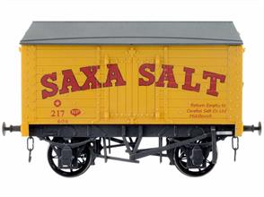 A new detailed model of a 9 plank sided covered salt van with peaked wood roof based on RCH 1887 design specifications finished in the well-known bright yellow livery of Saxa Salt.Please note wagons are individually weathered, finish will vary slightly from model to model.