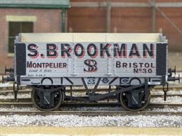 A new detailed model of a 5 plank open wagon following the RCH 1887 specifications and modelled from the production of the Gloucester Railway Carriage and Wagon Company finished in the livery of S Brookman, coal merchants at Montpelier station in Bristol.Model with weathered finish.
