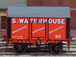 Detailed model of a 9 plank sided covered salt van with peaked wood roof based on RCH 1887 design specifications finished as a wagon operated by merchants S Waterhouse.