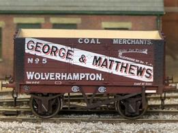 A new detailed model of a 7 plank open wagon following the RCH 1887 specifications and modelled from the production of the Gloucester Railway Carriage and Wagon Company. Finished as George Matthews of Wolverhampton wagon number 5 with side doors and fixed ends.Weathered finish.