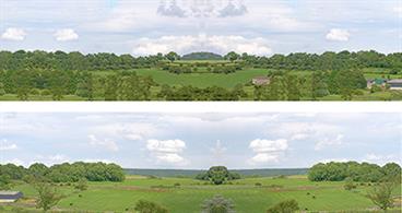 2 section view of a village in the distance flanked by countryside, fields and a farm.These sheets contain a small section of village, which can be added to set A to create a larger town, or kept to suggest the visible edge of a small settlement.Premium range backscene printed on glossy self-adhesive polypropylene.10 feet length in 2 sections 15in height.
