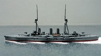 A 1/1250 scale model of the IJN Settsu a Japanese Dreadnought battleship of 1912. Navis Neptun has yet to upgrade this model to a super-detail N-model but plastic topmasts are fitted.