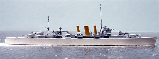 A second-hand 1/1200 scale waterline handmade wooden model of HMS Norfolk. This model is in good condition but it is modelled in 1943 condition (tripod masts and AA gun tubs) but it is painted in pre-war tropical livery, see photograph.