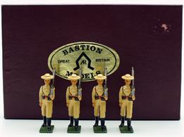 Set of four lead/alloy infantrymen painted in khaki dress uniform with Royal Navy straw hats and leather equipment.Photo colour copy of Bastion leaflet with each set.