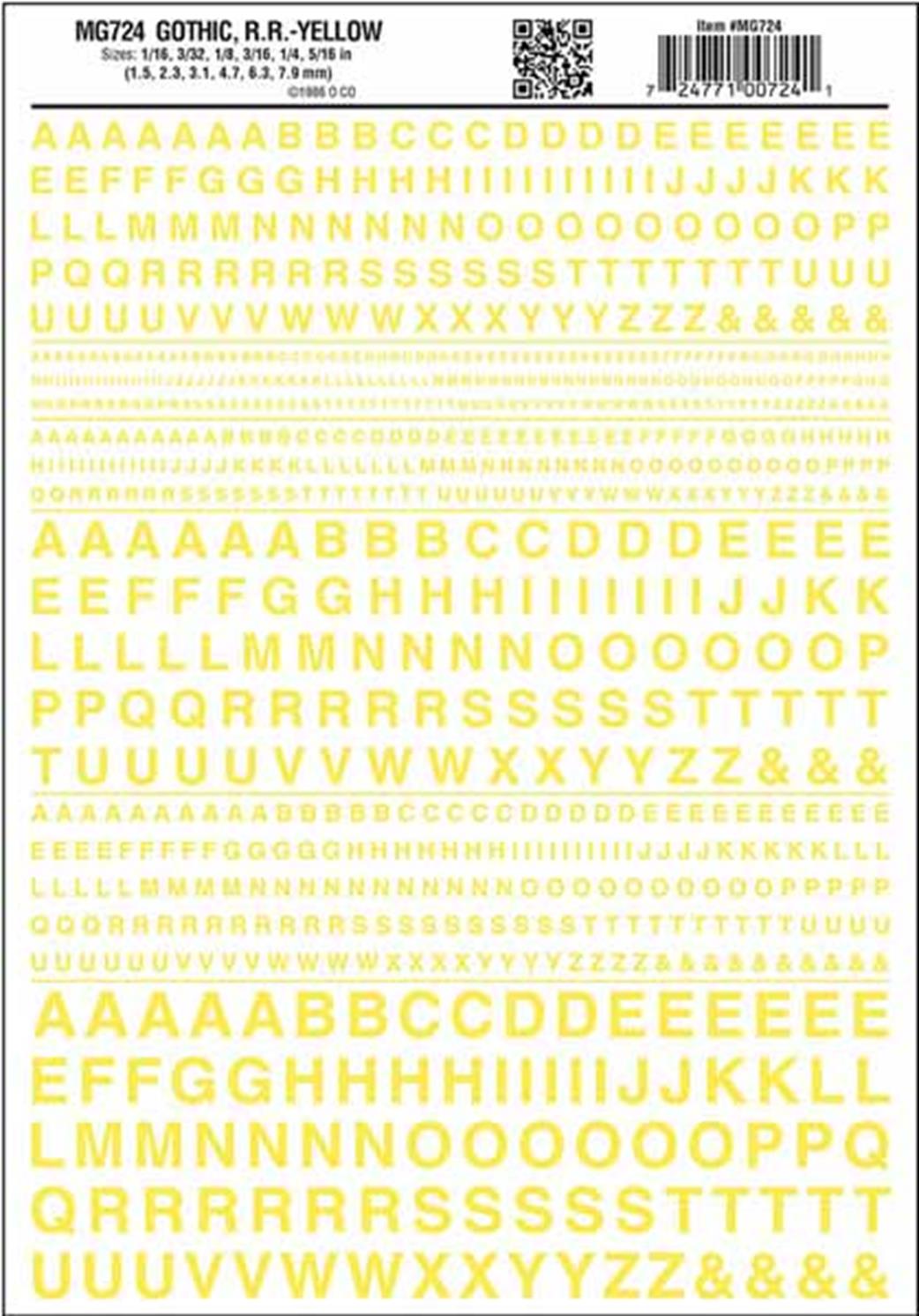 Woodland Scenics  MG724 Dry Transfer Decals Railroad Gothic Lettering Yellow