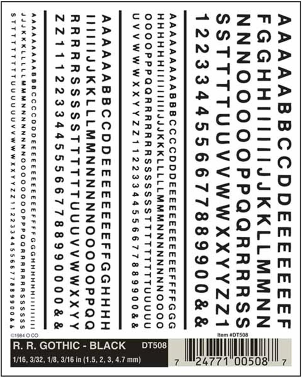 Woodland Scenics DT508 Dry Transfer Decals Railroad Gothic Lettering Black
