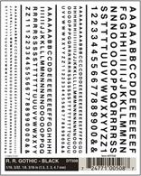 Black san-serif Railroad Gothic lettering set. Ideal for custom signage lettering and renumbering of duplicated wagons etc.Numerals in 1/16, 3/32, 1/8, 3/16in heights, approximately equal to 1.5, 2.3, 3.1, 4.7mmOne sheet 4 x 5in, 100 x 127mm.