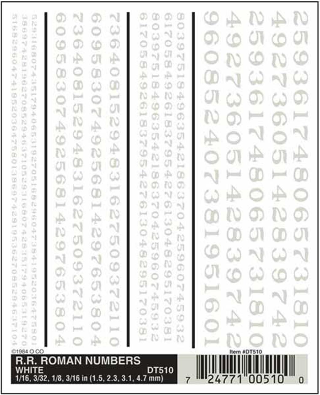 Woodland Scenics  DT510 Dry Transfer Decals Railroad Roman Numbers White