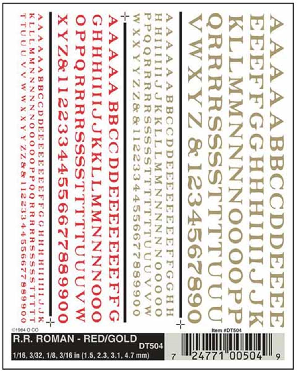 Woodland Scenics  DT504 Dry Transfer Decals Railroad Roman Lettering Red & Gold