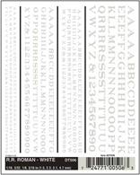 White serifed Railroad Roman lettering. Ideal for custom signage lettering and renumbering of duplicated wagons etc.Numerals in 1/16, 3/32, 1/8, 3/16in heights, approximately equal to 1.5, 2.3, 3.1, 4.7mmOne sheet 4 x 5in, 100 x 127mm.
